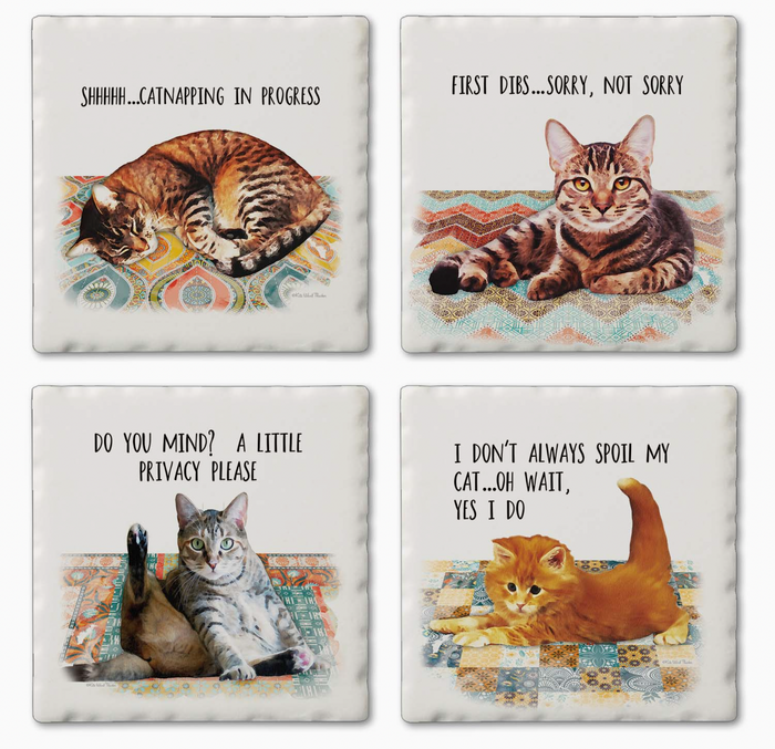 Cat Nappy Assorted Image Tumbled Tile Coaster 4 Pack