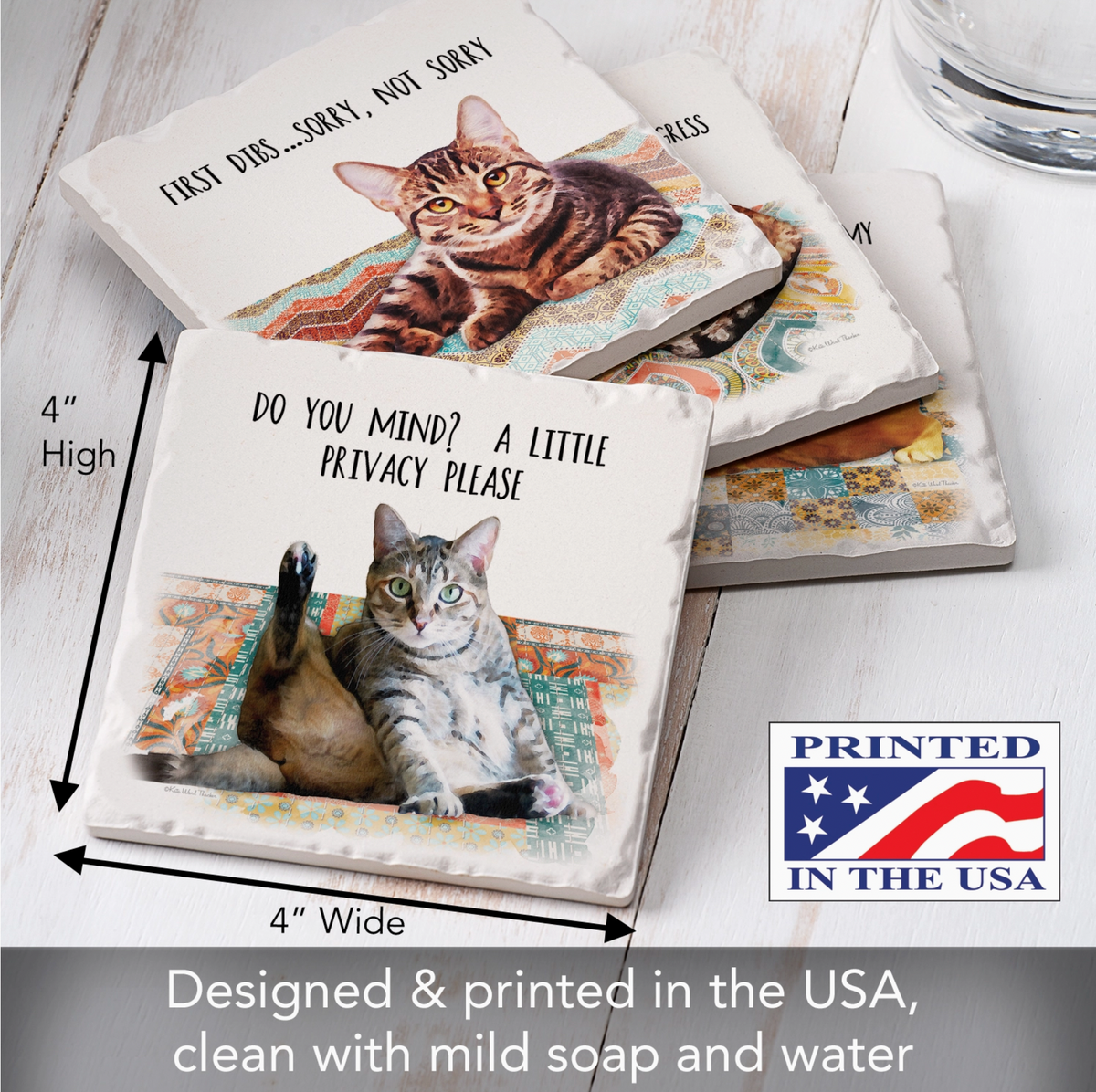 Cat Nappy Assorted Image Tumbled Tile Coaster 4 Pack