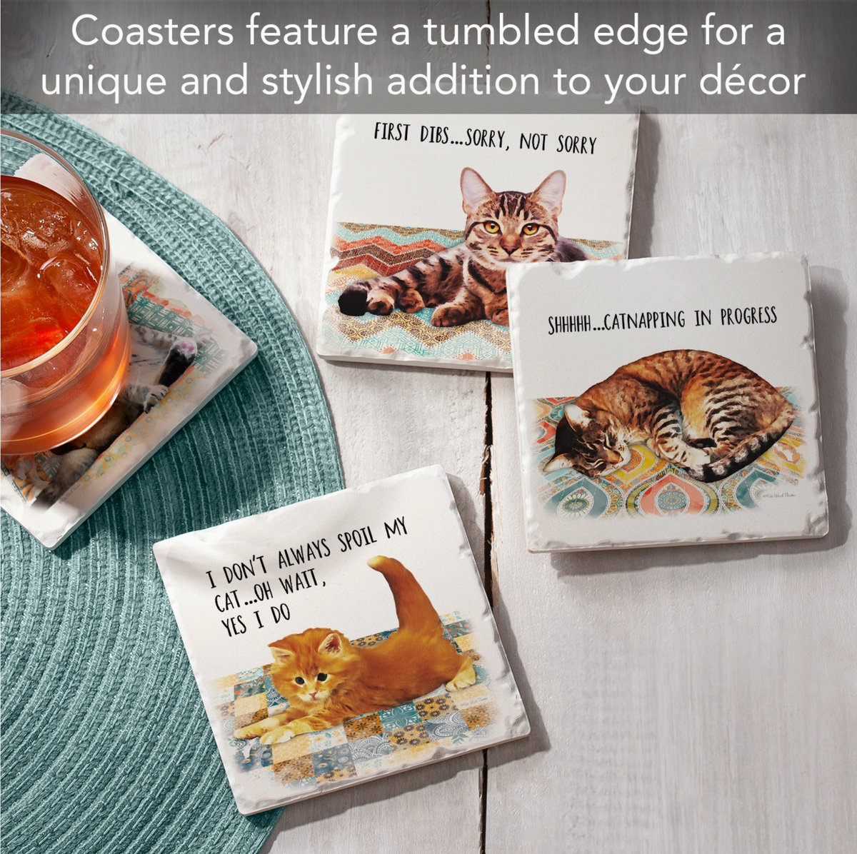 Cat Nappy Assorted Image Tumbled Tile Coaster 4 Pack