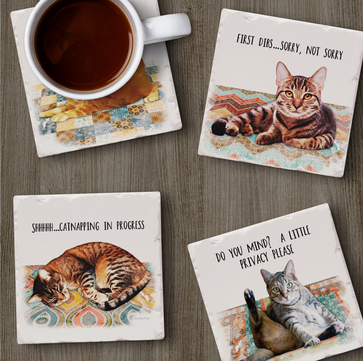 Cat Nappy Assorted Image Tumbled Tile Coaster 4 Pack