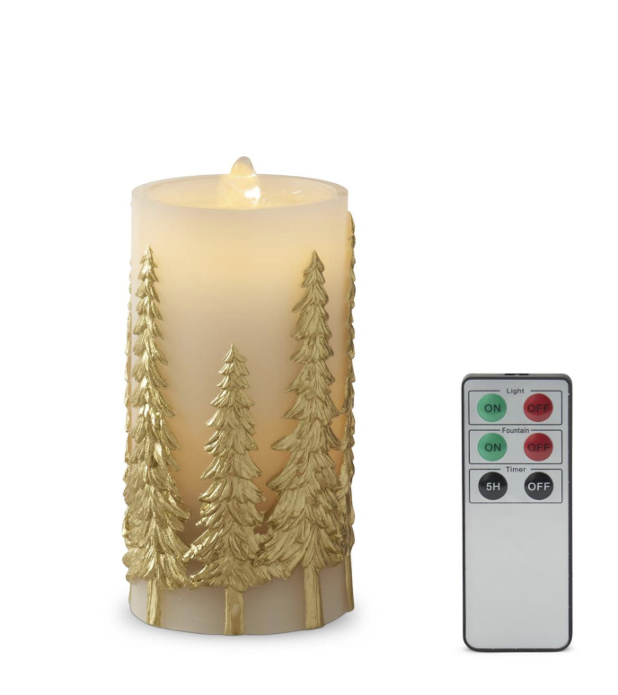 7.75 Inch Gold Embossed Trees LED Water Candle w/Timer & Remote