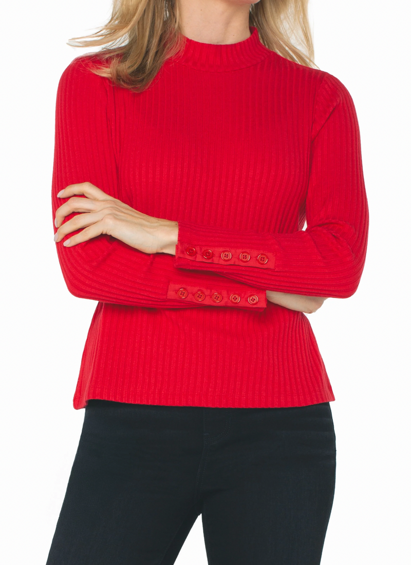 Long Sleeve Mock Neck Knit Top W/ Button Detail