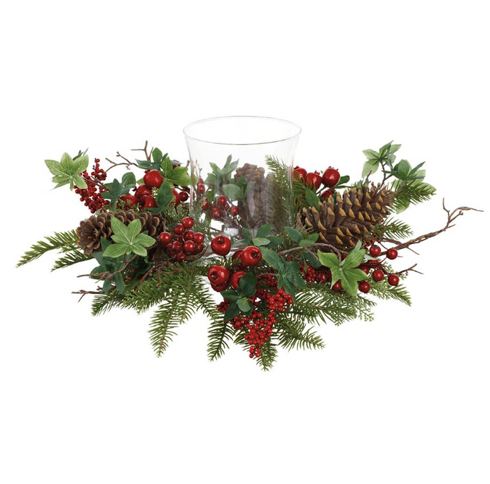 Berry/PineCone/Pine Centerpiece With Glass Candleholder