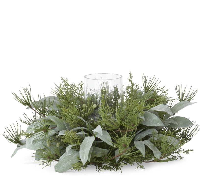 22.5 Inch Mixed Pine Candle Ring w/Hurricane Powdered Eucalyptus & Berri