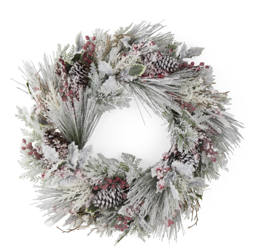 30 Inch Snowy Pine Wreath w/Pinecones & Red Berries