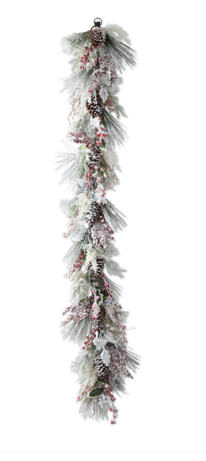 72 Inch Snowy Pine Garland w/Pinecones & Red Berries