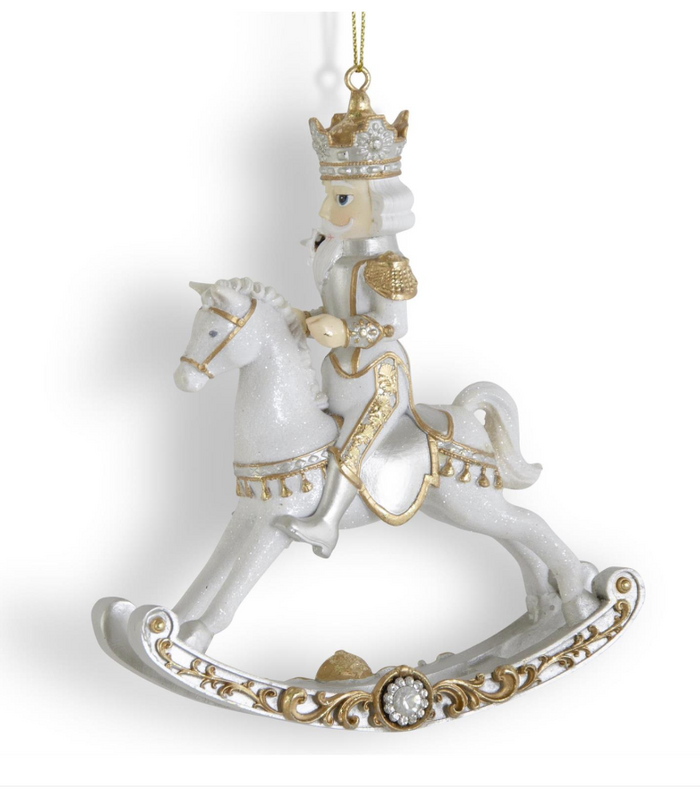 6.25 Inch White Gold & Silver Resin Nutcracker On Rocking Horse Orn