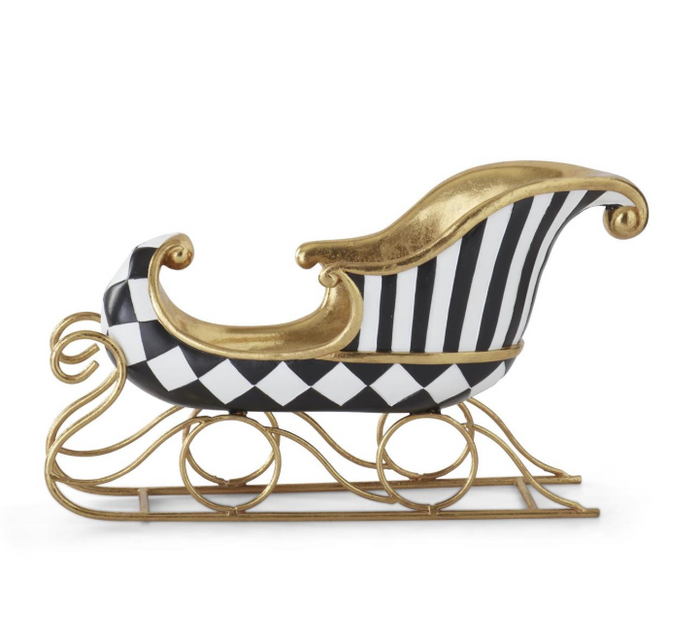 14 Inch Resin Gold Gilded Black & White Harlequin Sleigh