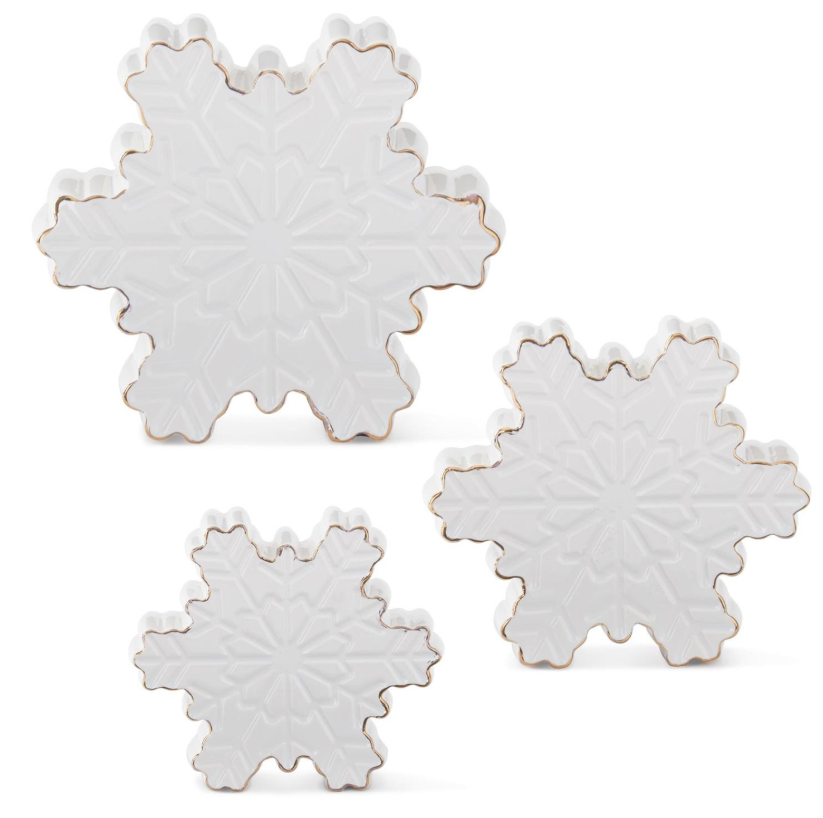 Set of 3 White Dolomite Tabletop Snowflakes w/Gold Trim