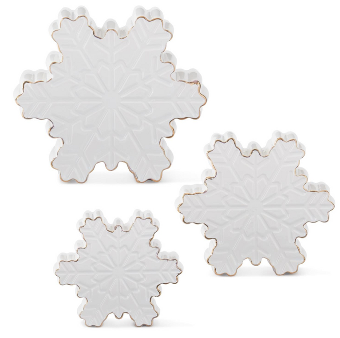 Set of 3 White Dolomite Tabletop Snowflakes w/Gold Trim