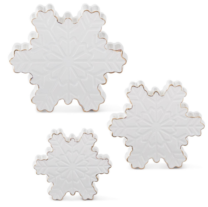 Set of 3 White Dolomite Tabletop Snowflakes w/Gold Trim
