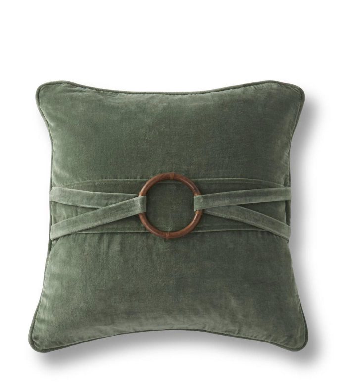 20 Inch Square Green Cotton Velvet Pillow w/Bamboo Ring