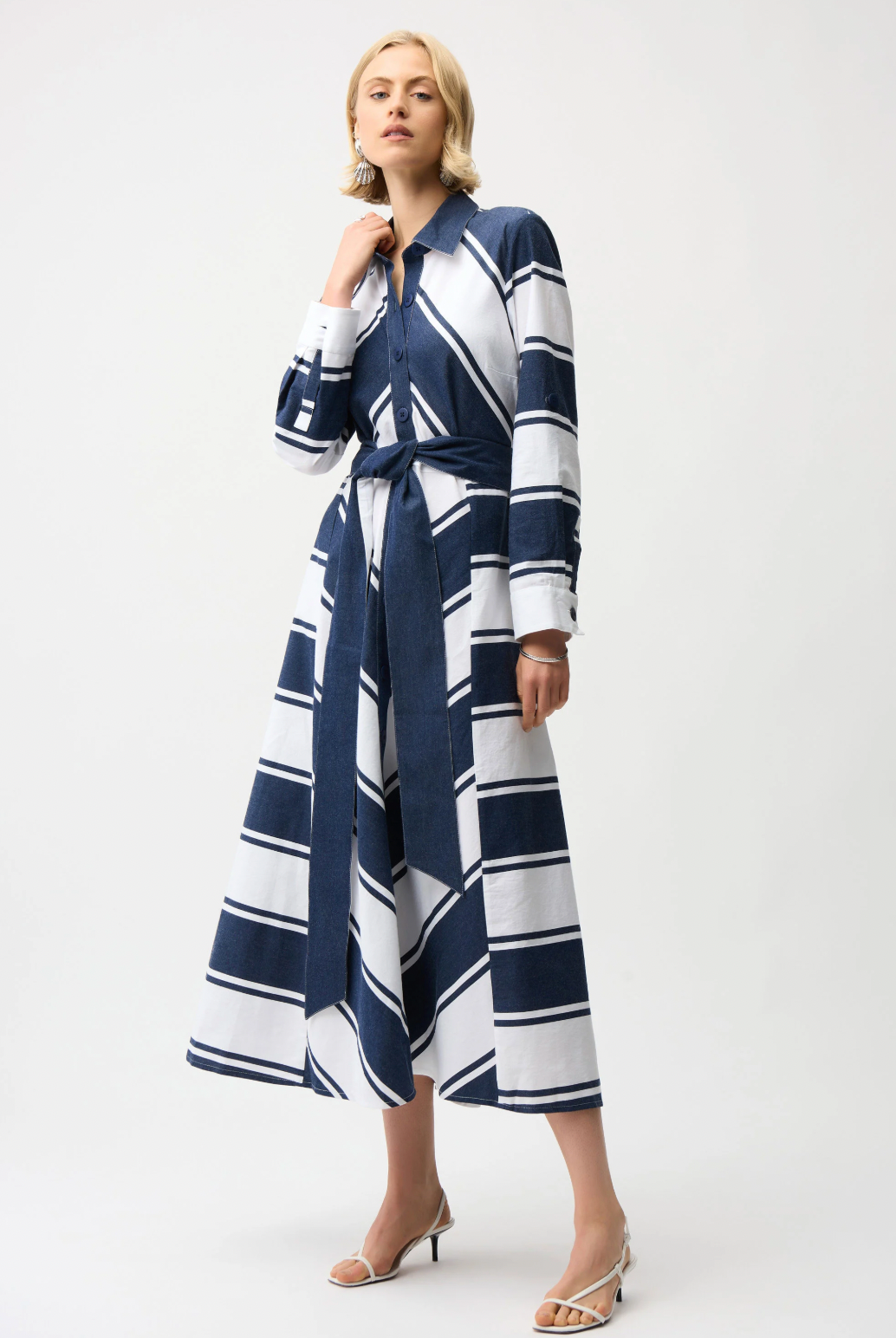 Stripe Print Fit & Flare Shirt Dress w/ Sash Style