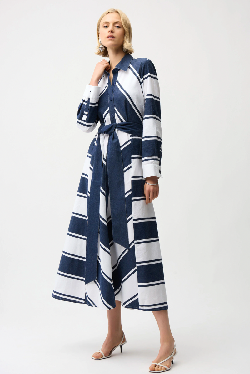 Stripe Print Fit & Flare Shirt Dress w/ Sash Style