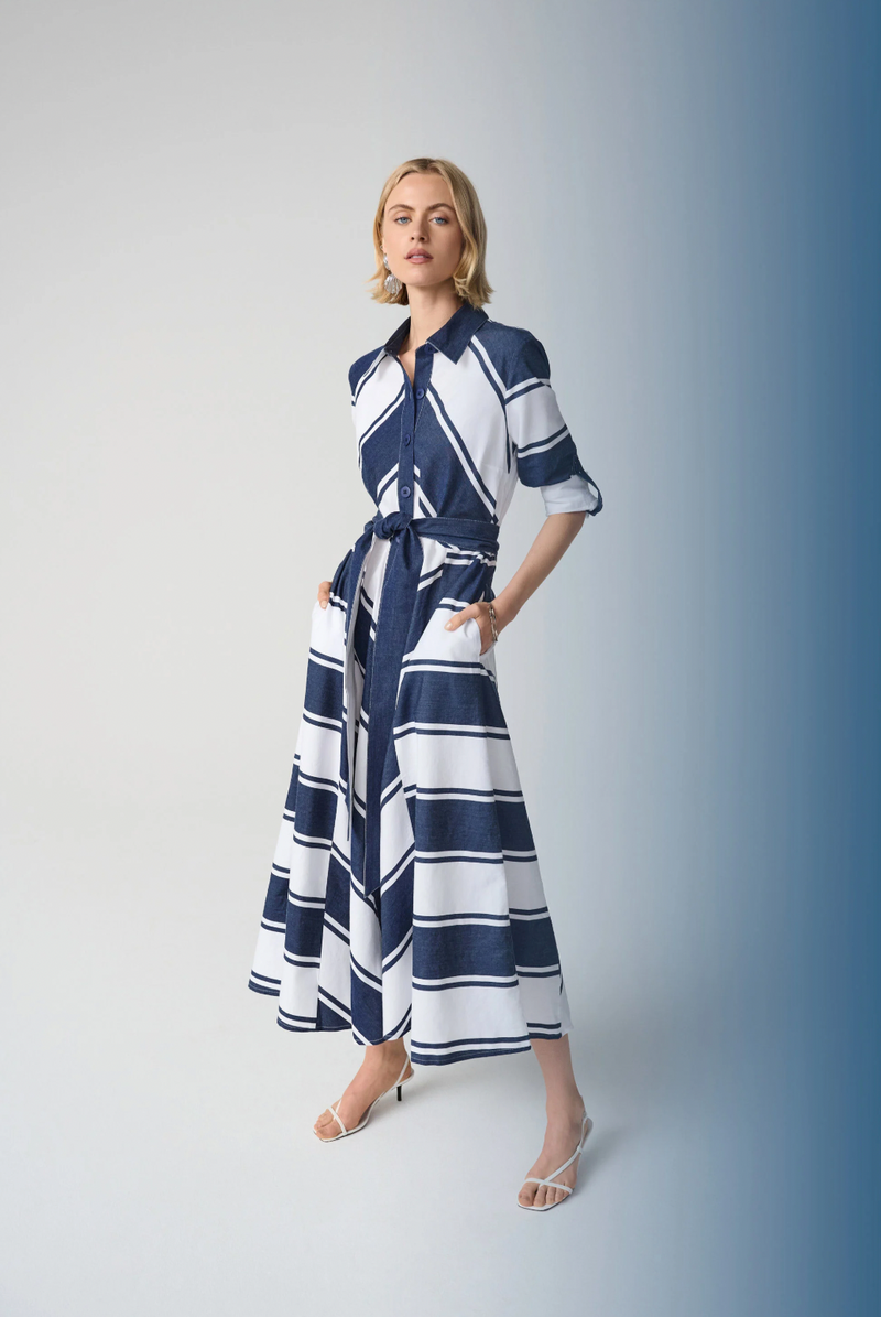 Stripe Print Fit & Flare Shirt Dress w/ Sash Style