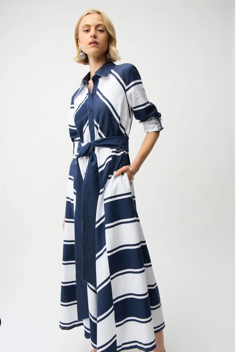 Stripe Print Fit & Flare Shirt Dress w/ Sash Style