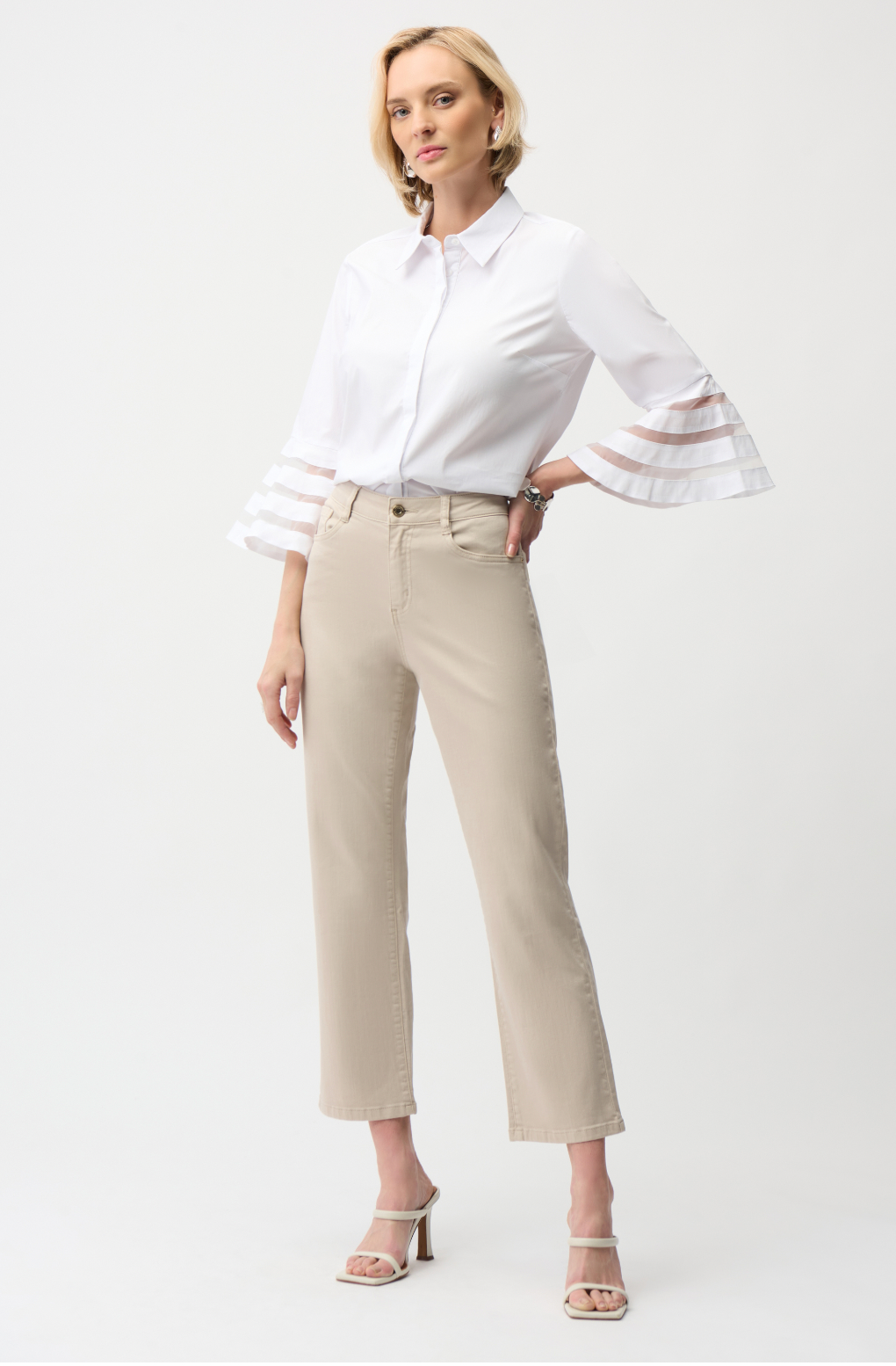 Stretch Poplin Straight Blouse w/ Organza Bell Sleeves