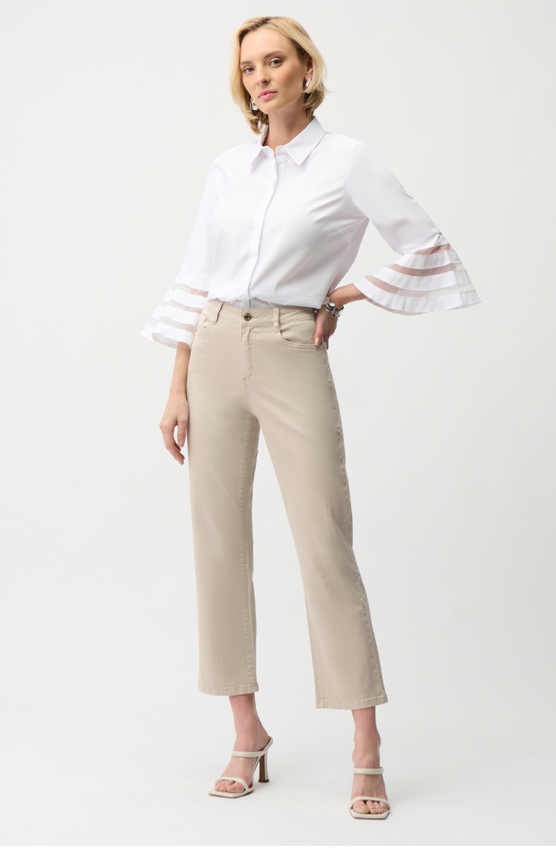 Stretch Poplin Straight Blouse w/ Organza Bell Sleeves