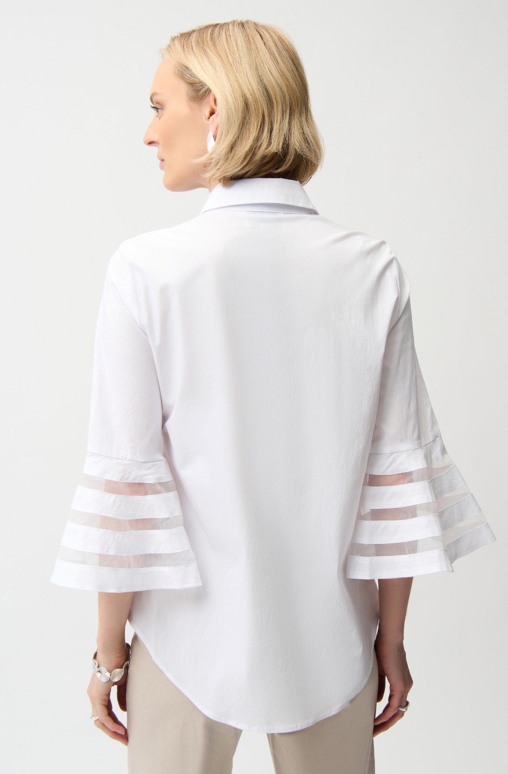 Stretch Poplin Straight Blouse w/ Organza Bell Sleeves