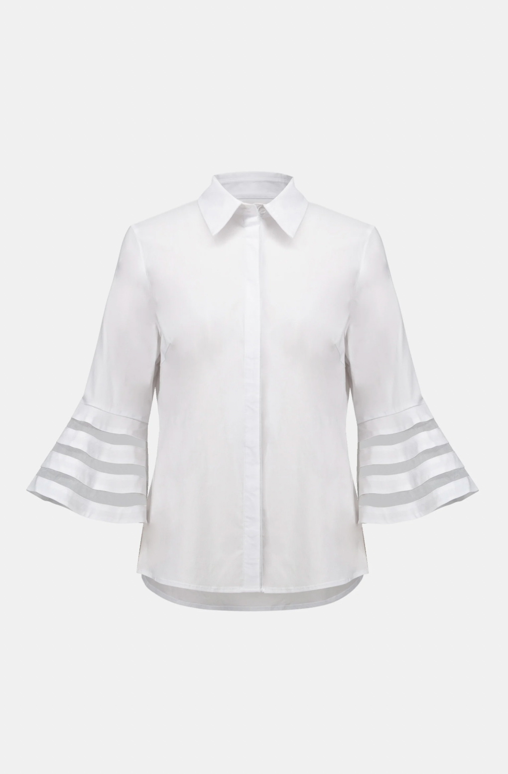 Stretch Poplin Straight Blouse w/ Organza Bell Sleeves