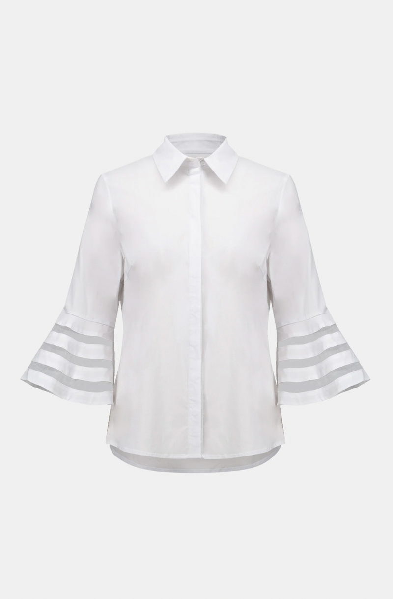 Stretch Poplin Straight Blouse w/ Organza Bell Sleeves