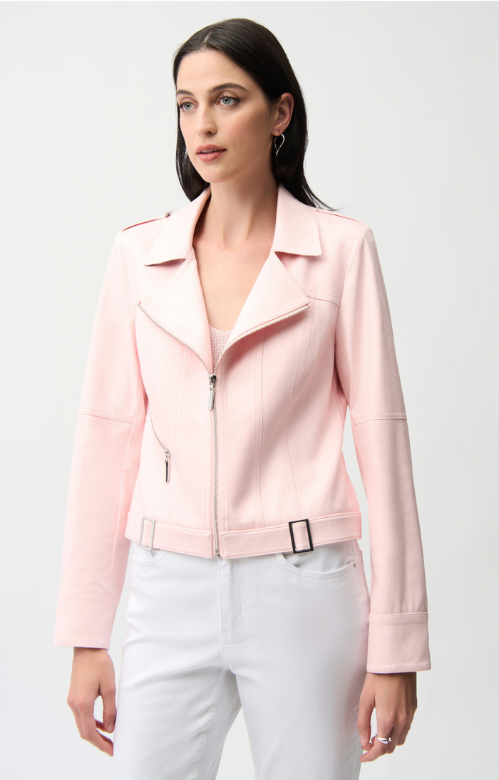 Foiled Faux Suede Fitted Jacket w/ Decorative Buckles