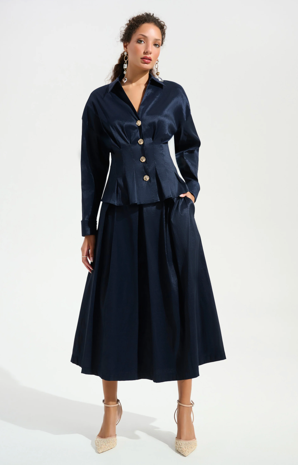 Stretch Taffeta and Flare Blouse w/ Chain Link Button Cuffs