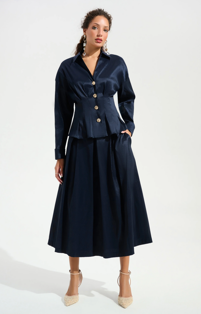 Stretch Taffeta and Flare Blouse w/ Chain Link Button Cuffs