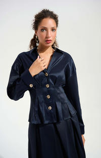 Stretch Taffeta and Flare Blouse w/ Chain Link Button Cuffs