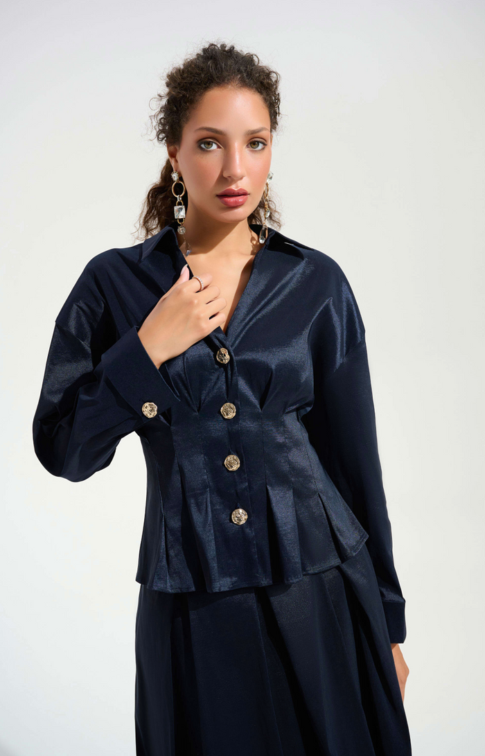 Stretch Taffeta and Flare Blouse w/ Chain Link Button Cuffs