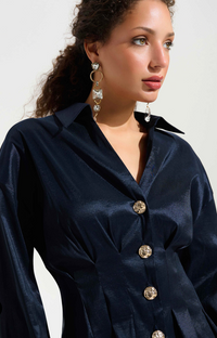 Stretch Taffeta and Flare Blouse w/ Chain Link Button Cuffs