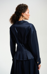 Stretch Taffeta and Flare Blouse w/ Chain Link Button Cuffs