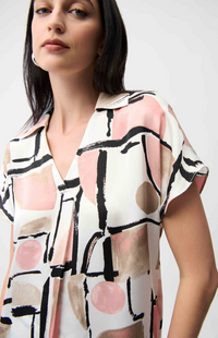 Satin Abstract Print Boxy Top With V-Neck