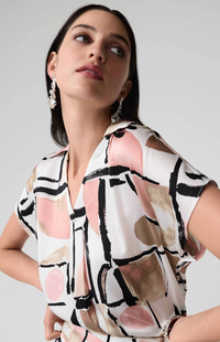 Satin Abstract Print Boxy Top With V-Neck
