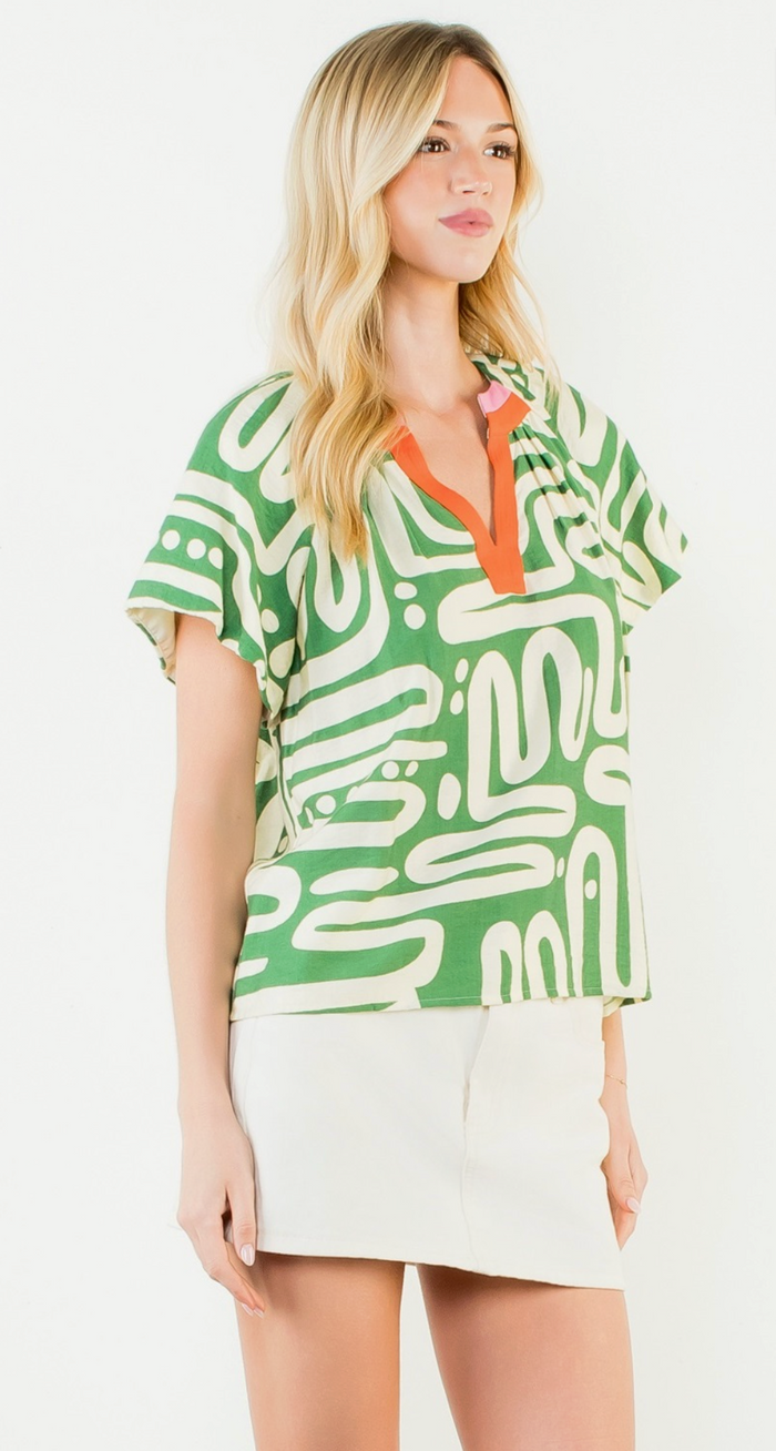 Short Sleeve Pattern V-Neck Top