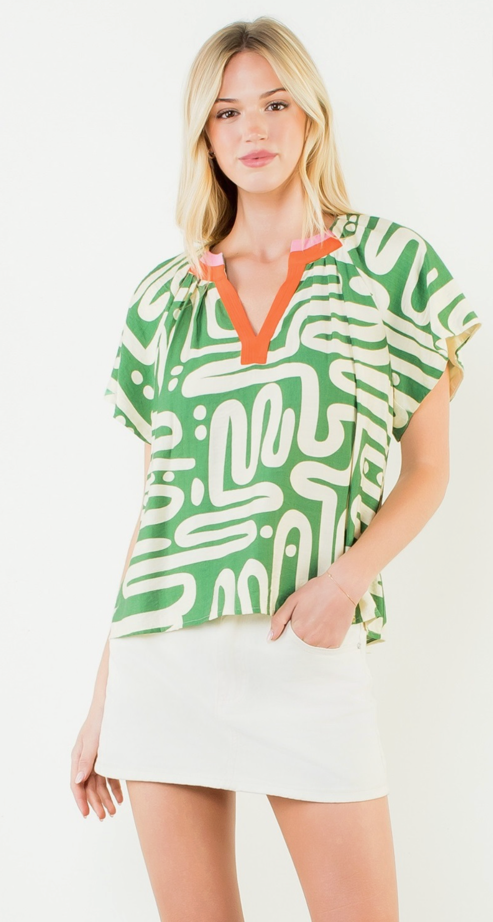 Short Sleeve Pattern V-Neck Top