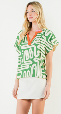 Short Sleeve Pattern V-Neck Top