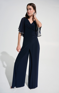 Silky Knit Wrap Wide Leg Jumpsuit w/Rhinestone Trim