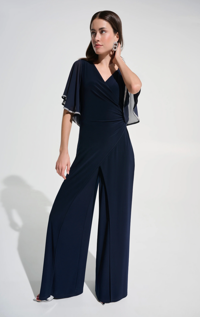 Silky Knit Wrap Wide Leg Jumpsuit w/Rhinestone Trim