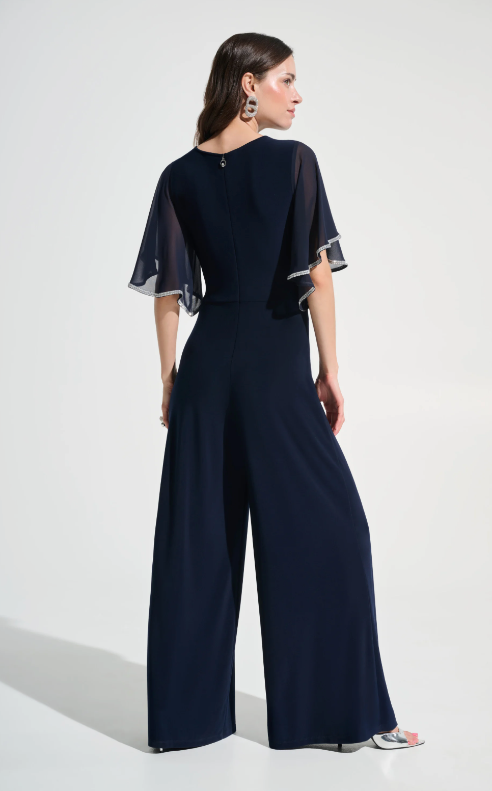 Silky Knit Wrap Wide Leg Jumpsuit w/Rhinestone Trim