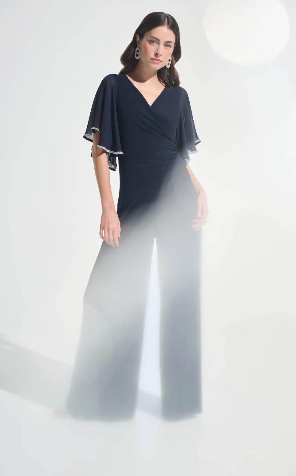 Silky Knit Wrap Wide Leg Jumpsuit w/Rhinestone Trim