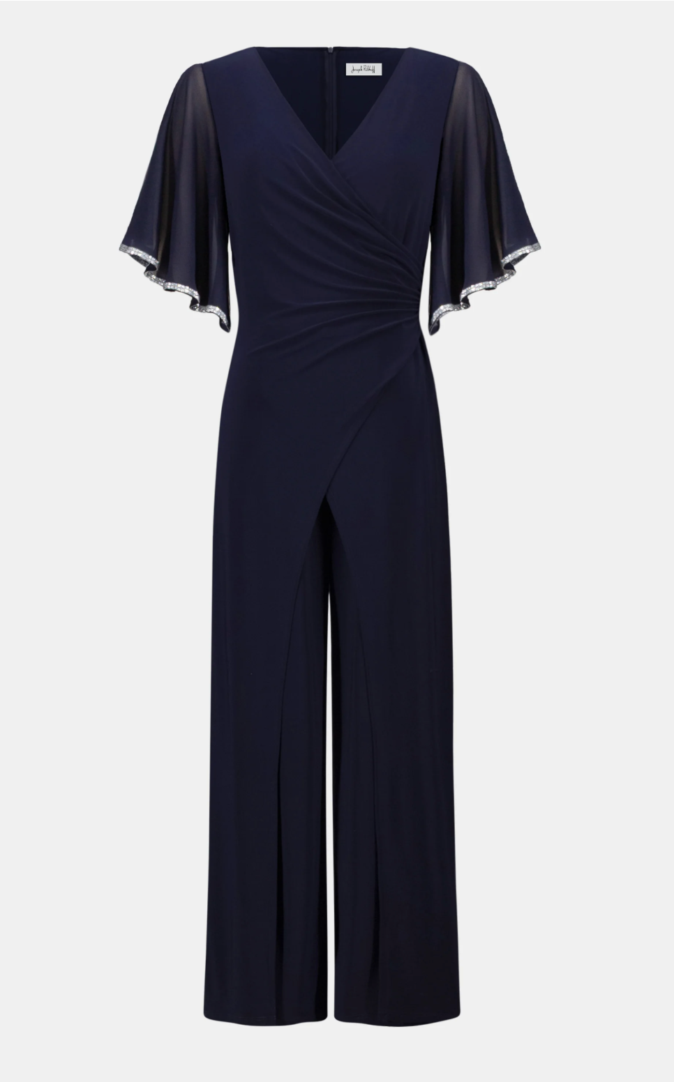 Silky Knit Wrap Wide Leg Jumpsuit w/Rhinestone Trim