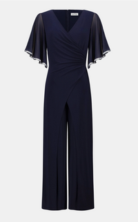Silky Knit Wrap Wide Leg Jumpsuit w/Rhinestone Trim