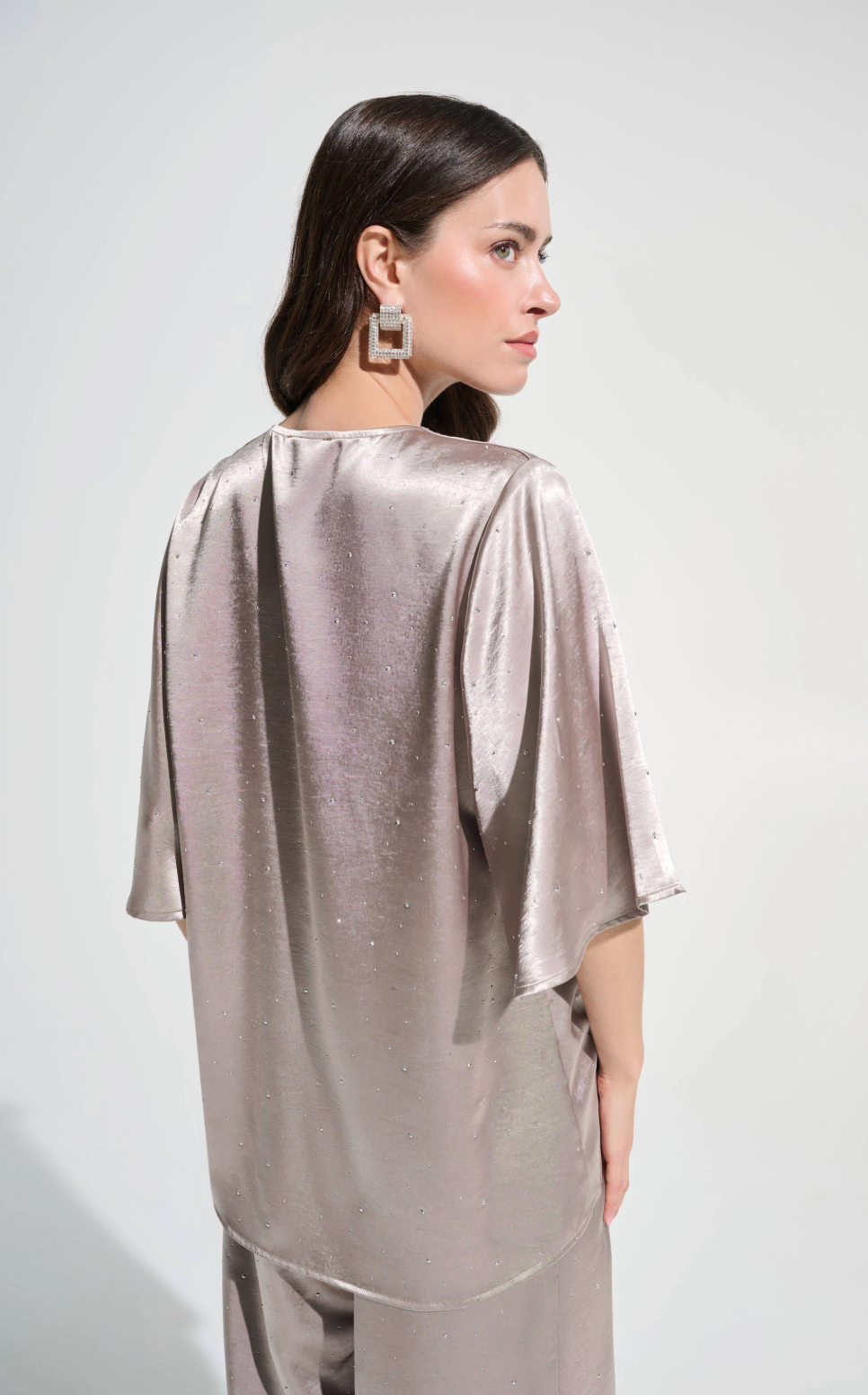Satin Rhinestone Boxy Tunic w/ Flutter Sleeves