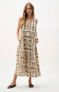 Linen Blend Scarf Print A-Line Dress