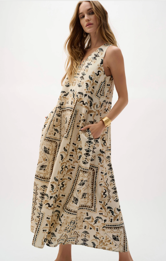 Linen Blend Scarf Print A-Line Dress