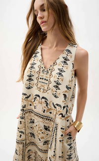 Linen Blend Scarf Print A-Line Dress