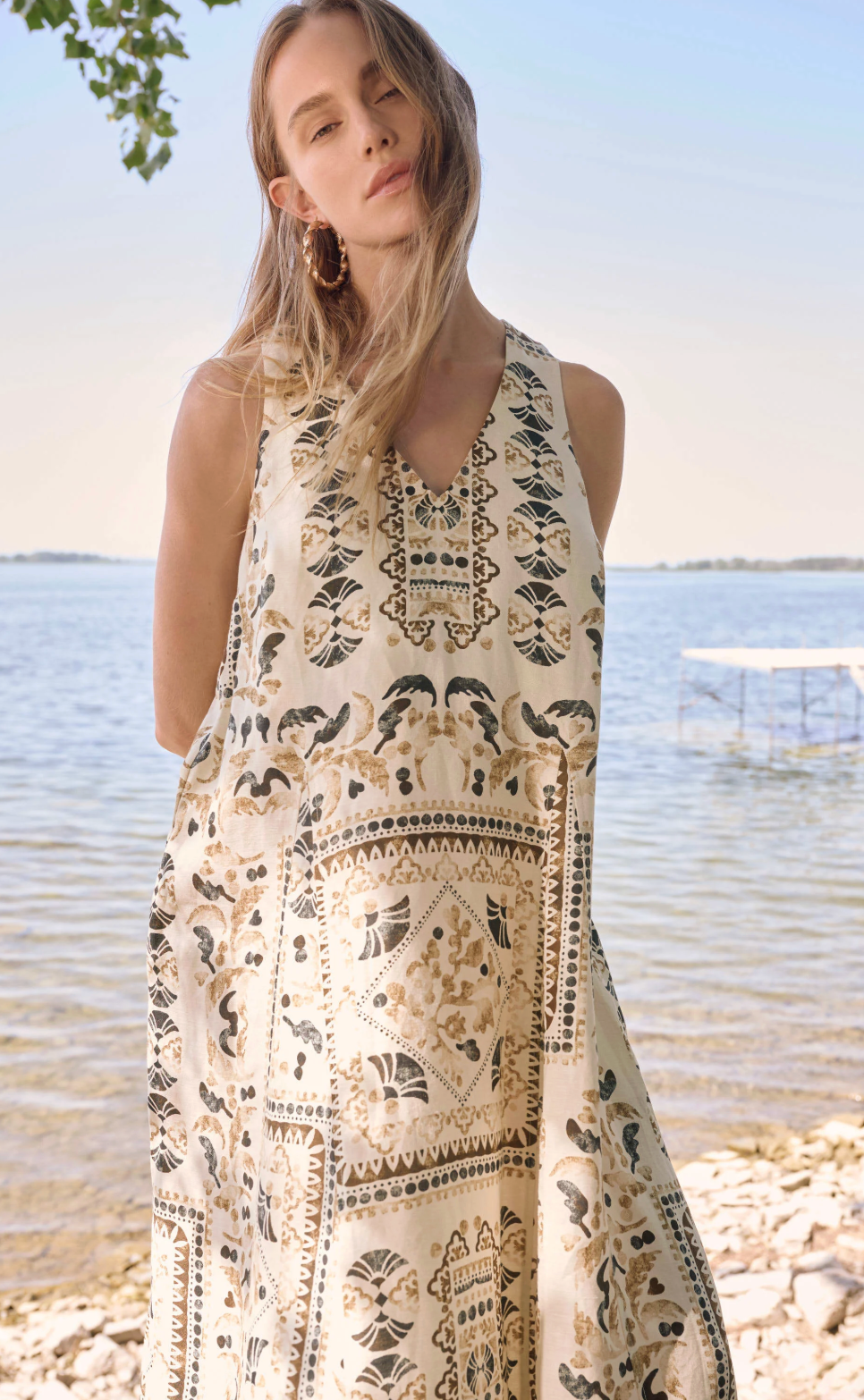 Linen Blend Scarf Print A-Line Dress