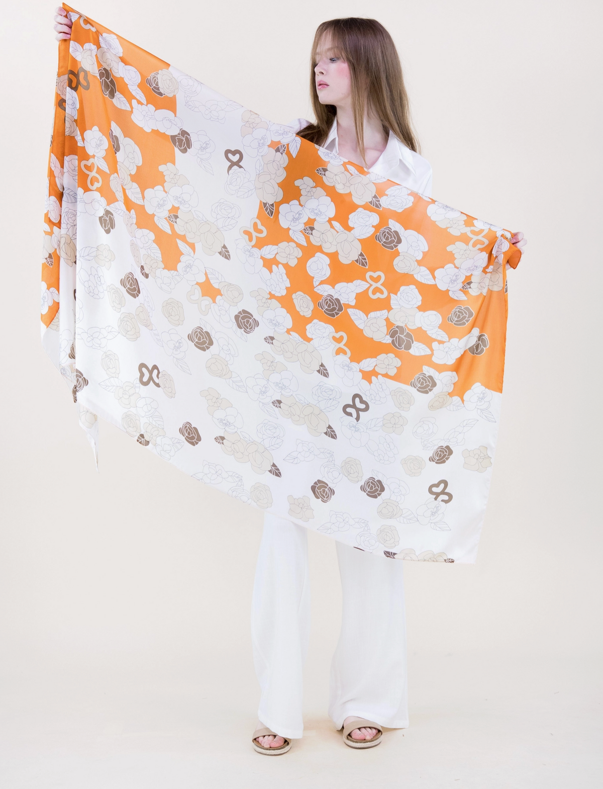 Peony Roses Contour Satin Long Scarf
