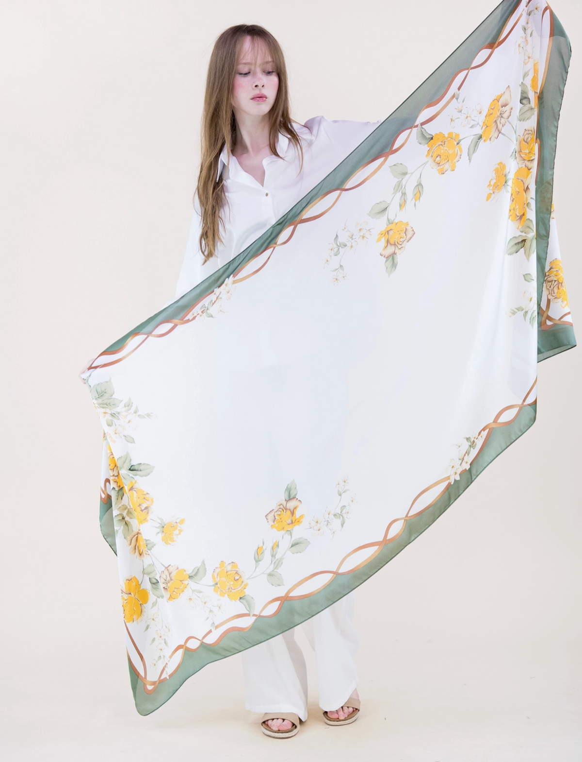Rose Garden Branch Border Satin Long Scarf